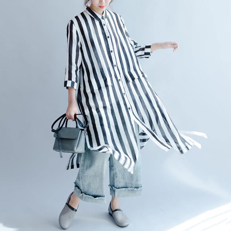 black white striped linen sundress casual loose shirt dresses bracelet sleeved maxi dress - Omychic