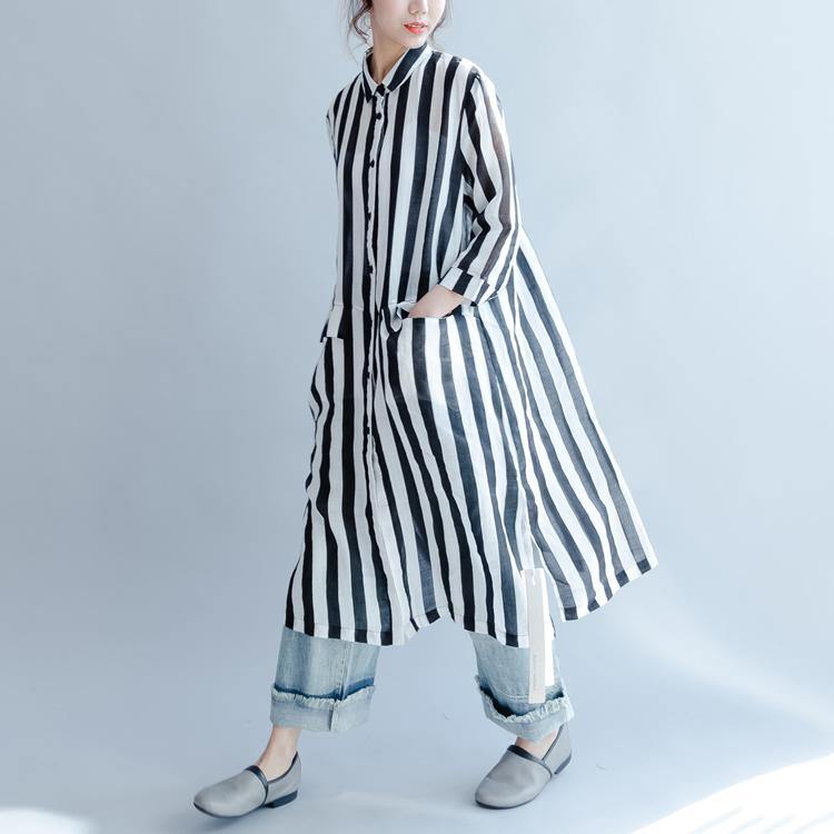 black white striped linen sundress casual loose shirt dresses bracelet sleeved maxi dress - Omychic