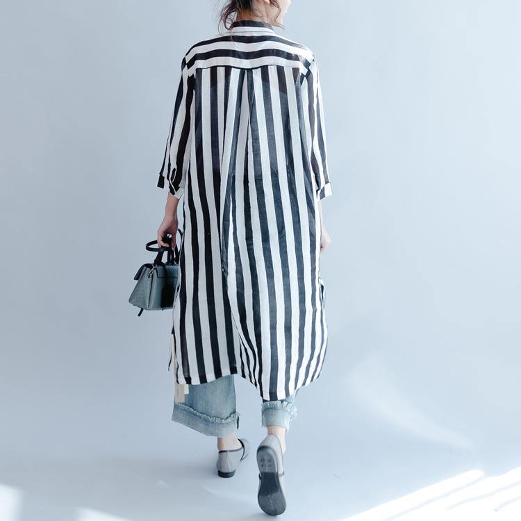 black white striped linen sundress casual loose shirt dresses bracelet sleeved maxi dress - Omychic