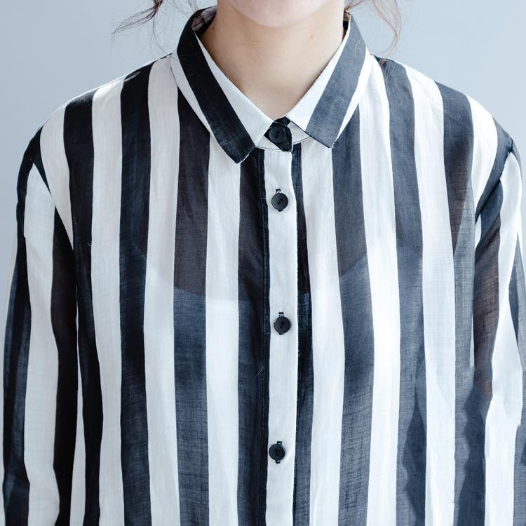 black white striped linen sundress casual loose shirt dresses bracelet sleeved maxi dress - Omychic