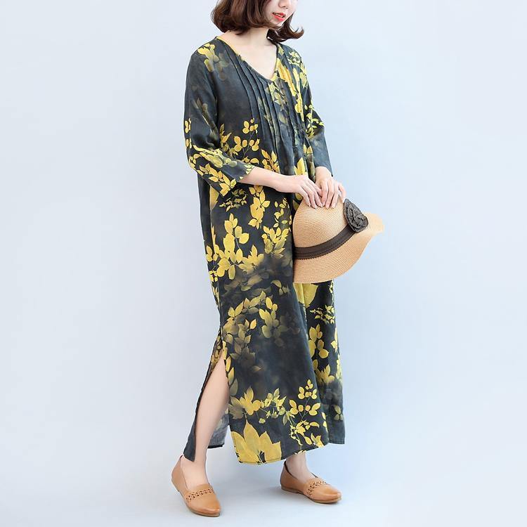 black yellow print linen dresses plus size v neck sundress long sleeve maxi dress side open - Omychic