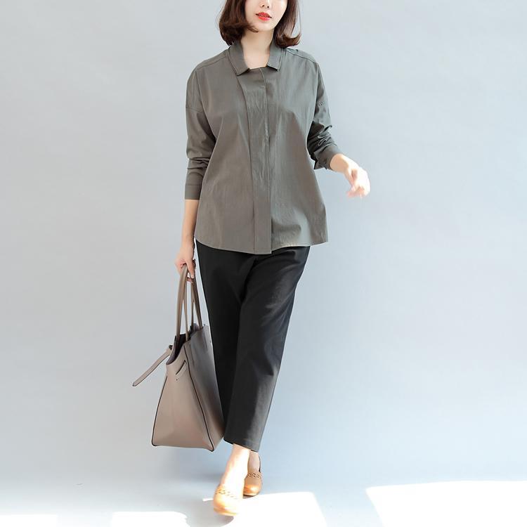 blackish green casual cotton blouse stylish casual tops turn-down collar shirts - Omychic