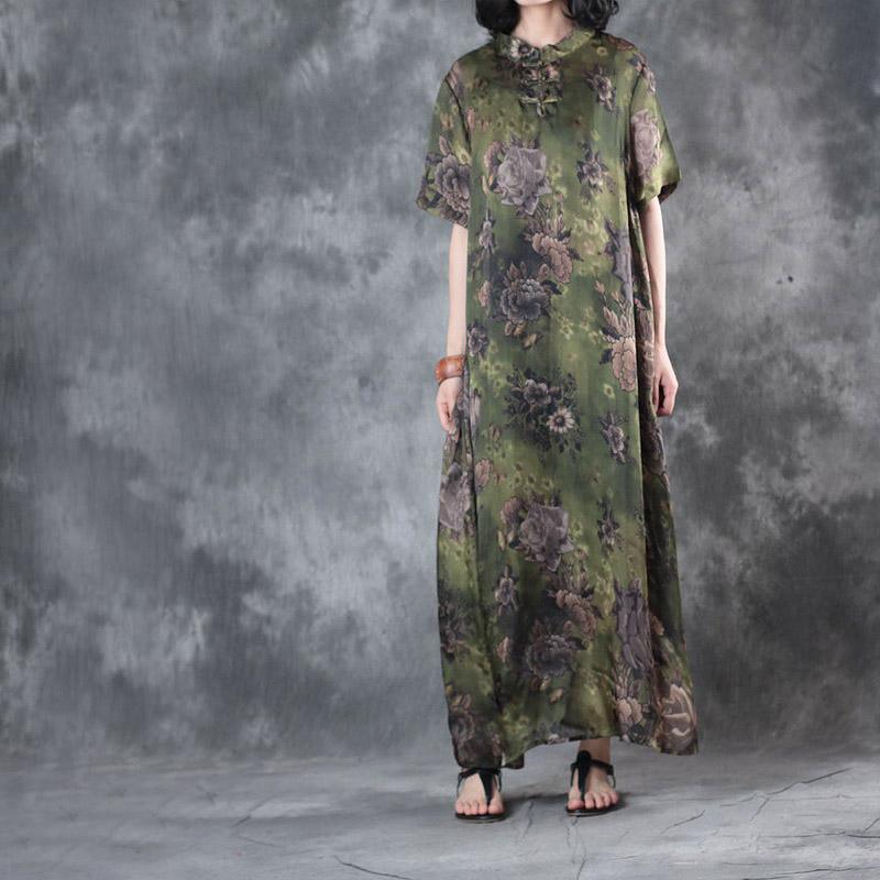 blackish green floral casual silk sundress oversize vintage dresses Chinese Button maxi dress - Omychic