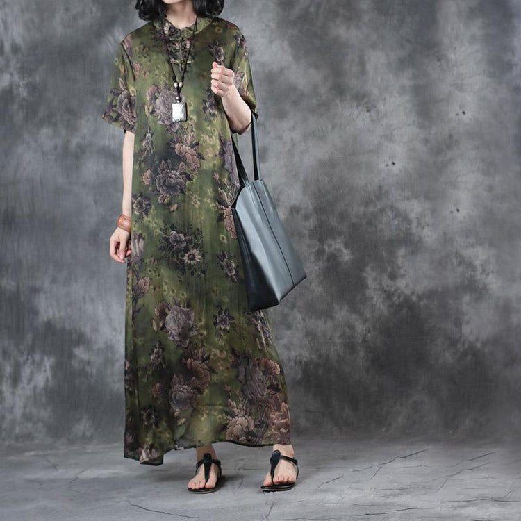 blackish green floral casual silk sundress oversize vintage dresses Chinese Button maxi dress - Omychic