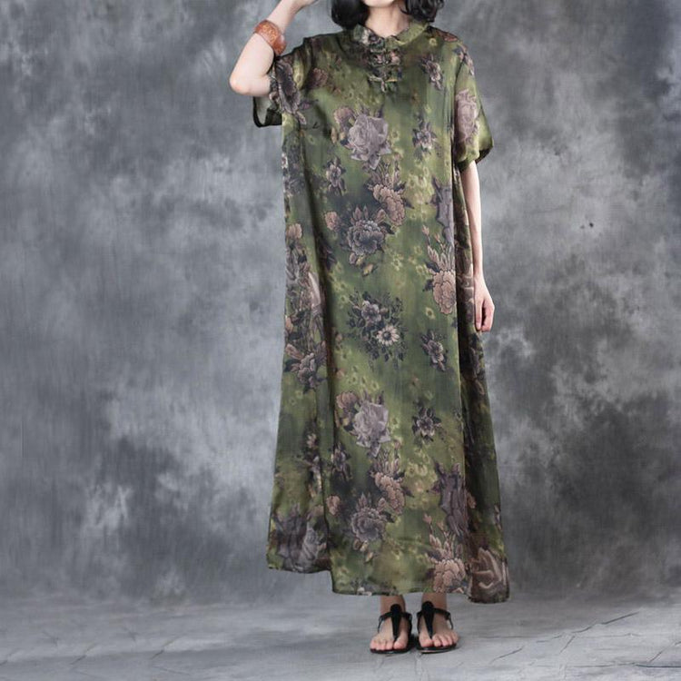 blackish green floral casual silk sundress oversize vintage dresses Chinese Button maxi dress - Omychic