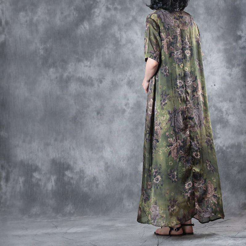 blackish green floral casual silk sundress oversize vintage dresses Chinese Button maxi dress - Omychic