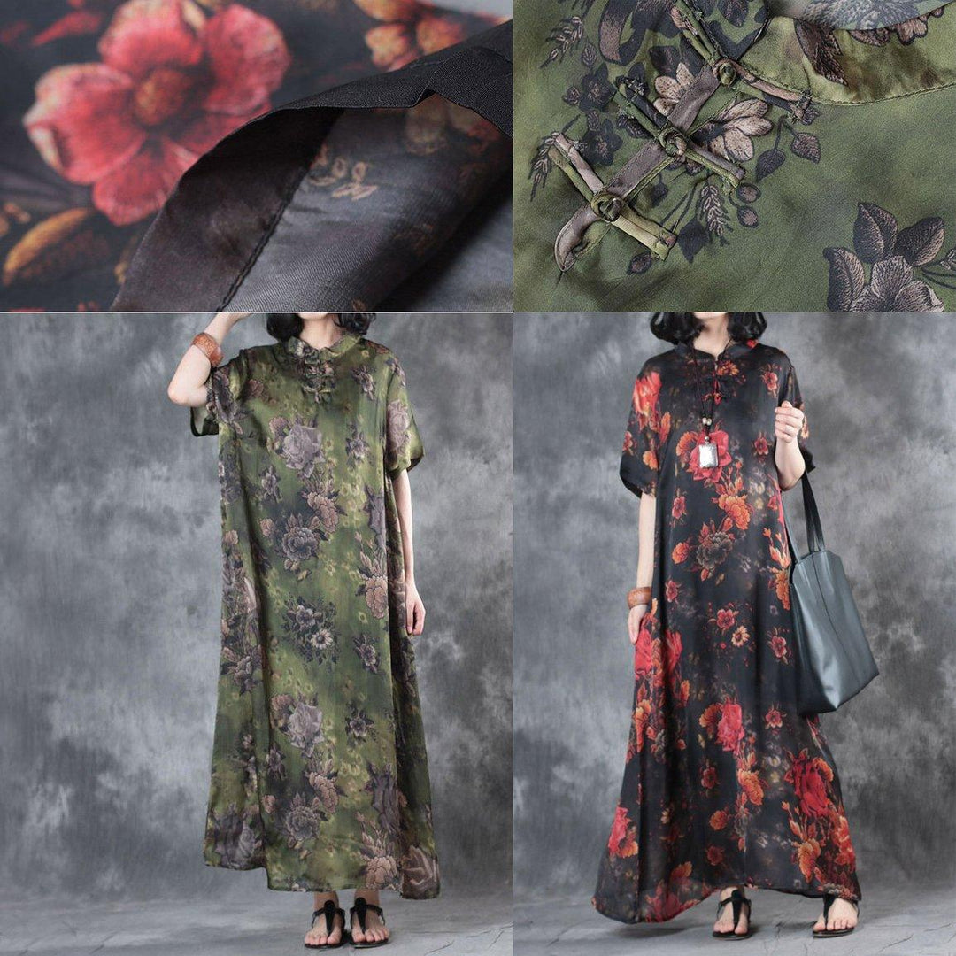 blackish green floral casual silk sundress oversize vintage dresses Chinese Button maxi dress - Omychic