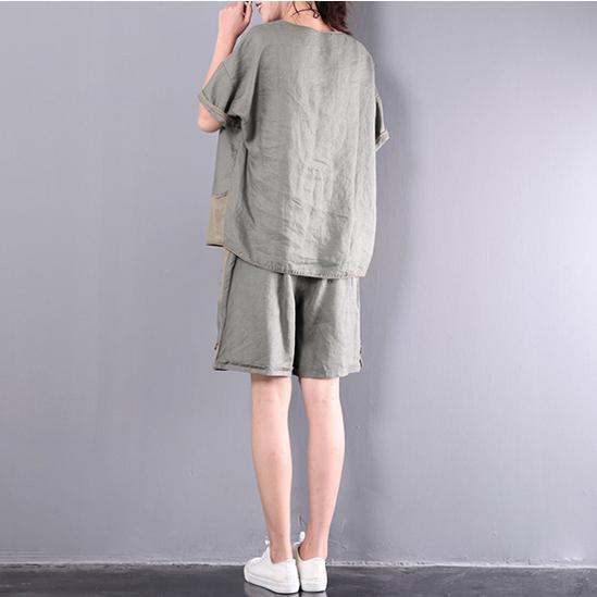 blackish green linen patchwork casual two pieces oversize short sleeve tops and shorts - Omychic
