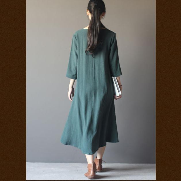 blackish green linen sundress cotton maxi dress - Omychic