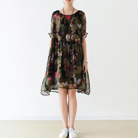 blackish green prints chiffon dresses slim summer mid-dress short sleeve sundress - Omychic