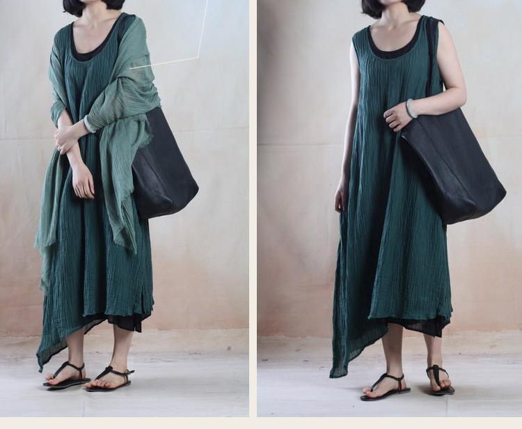 blackish green simple linen maxi sundress long causal gown caftan sleevelss - Omychic