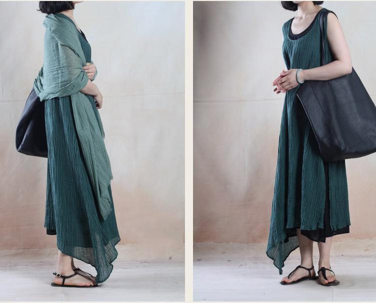 blackish green simple linen maxi sundress long causal gown caftan sleevelss - Omychic