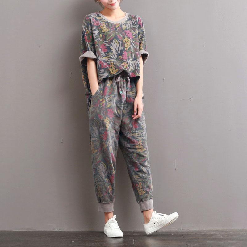 blossom garden gray tops and pant cotton casaul tops summer stylish pants two pieces - Omychic