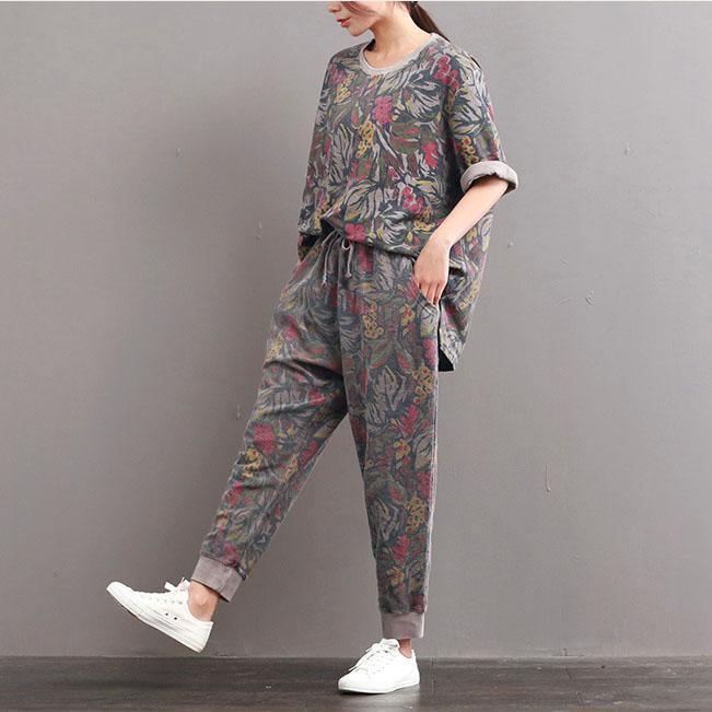 blossom garden gray tops and pant cotton casaul tops summer stylish pants two pieces - Omychic