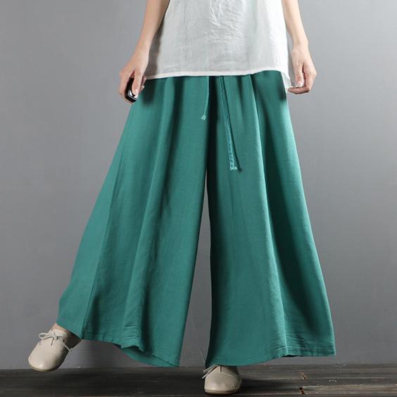 blue wide leg pants cotton linen casual long pants - Omychic
