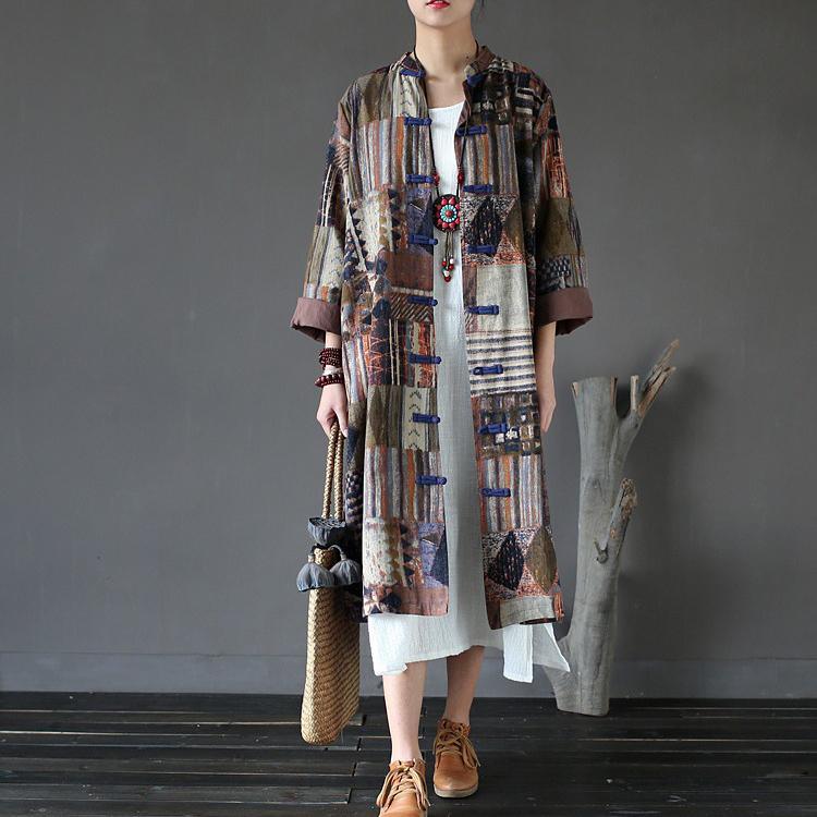 blue Chinese Button casual linen outwear oversize long sleeve maxi cardigans - Omychic