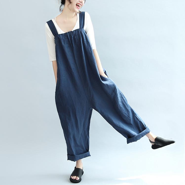 blue casual linen pants plus size stylish jumpsuit pants - Omychic