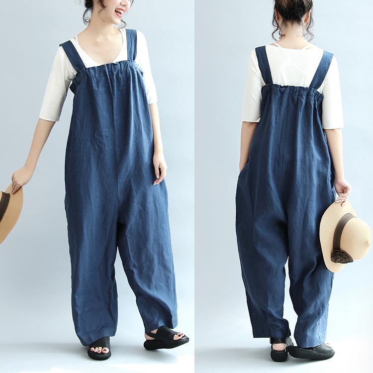 blue casual linen pants plus size stylish jumpsuit pants - Omychic