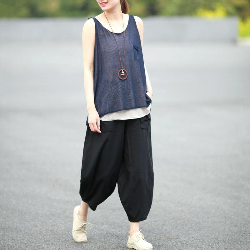 blue casual oversize blouse layered cotton tank top - Omychic
