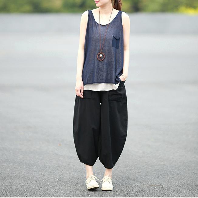 blue casual oversize blouse layered cotton tank top - Omychic
