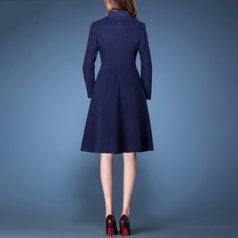 blue cute elegant woolen blended trench coats slim fit long sleeve outwear - Omychic