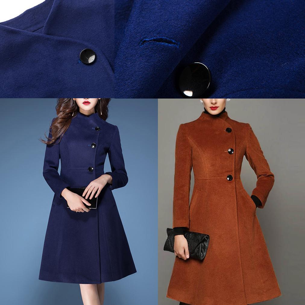 blue cute elegant woolen blended trench coats slim fit long sleeve outwear - Omychic