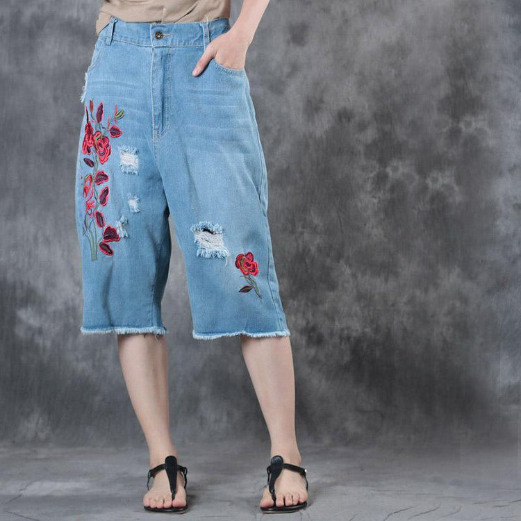 blue embroidery casual cotton shorts loose elastic waist ripped jeans - Omychic