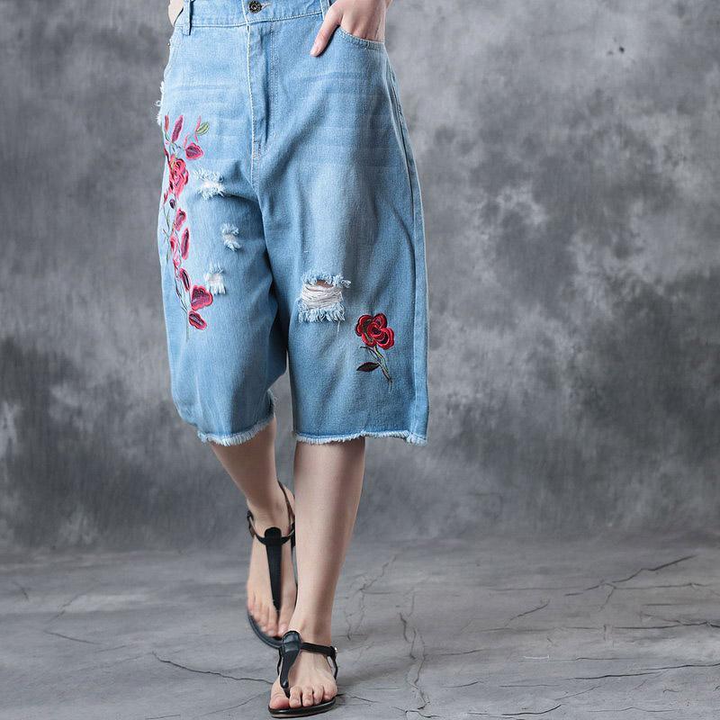 blue embroidery casual cotton shorts loose elastic waist ripped jeans - Omychic