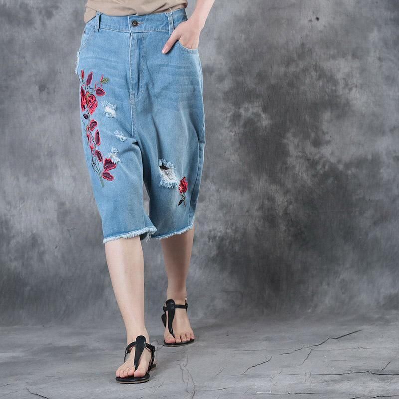blue embroidery casual cotton shorts loose elastic waist ripped jeans - Omychic