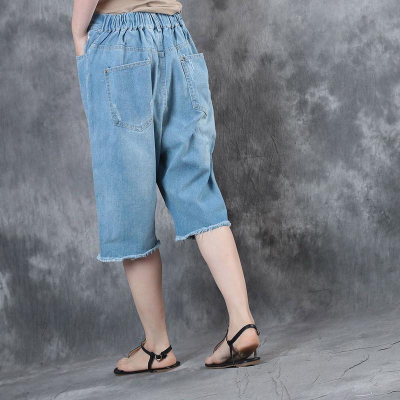 blue embroidery casual cotton shorts loose elastic waist ripped jeans - Omychic