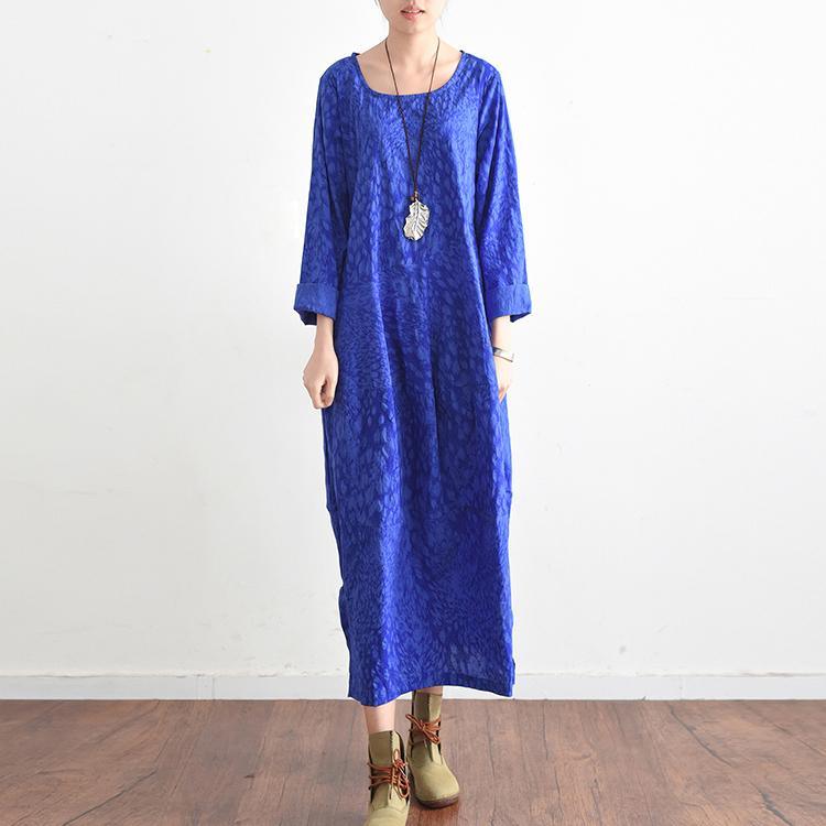 blue fall cotton dresses long caftans side open baggy design gown - Omychic