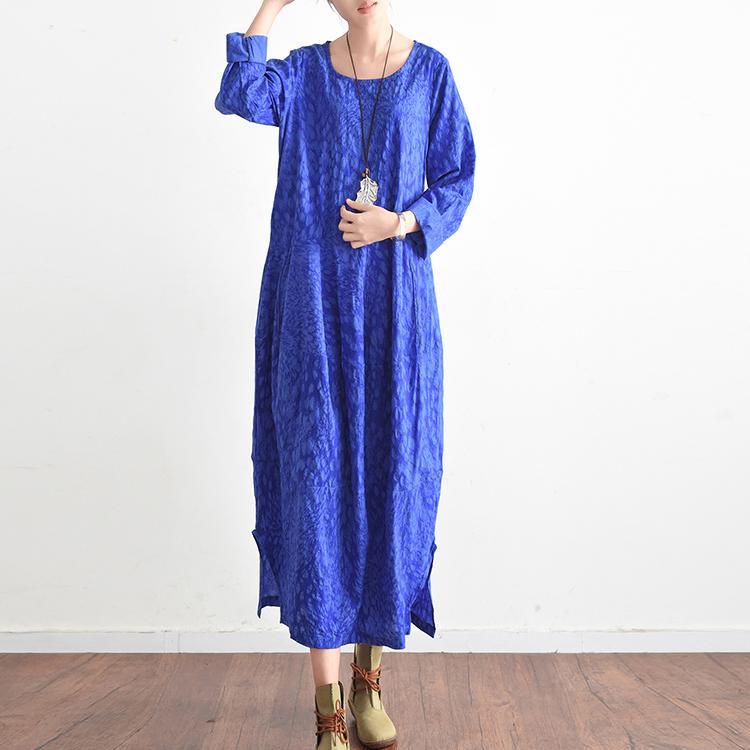 blue fall cotton dresses long caftans side open baggy design gown - Omychic