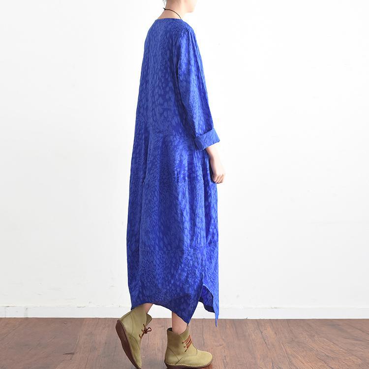 blue fall cotton dresses long caftans side open baggy design gown - Omychic