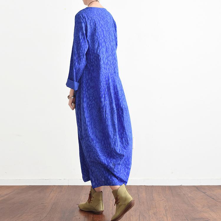 blue fall cotton dresses long caftans side open baggy design gown - Omychic