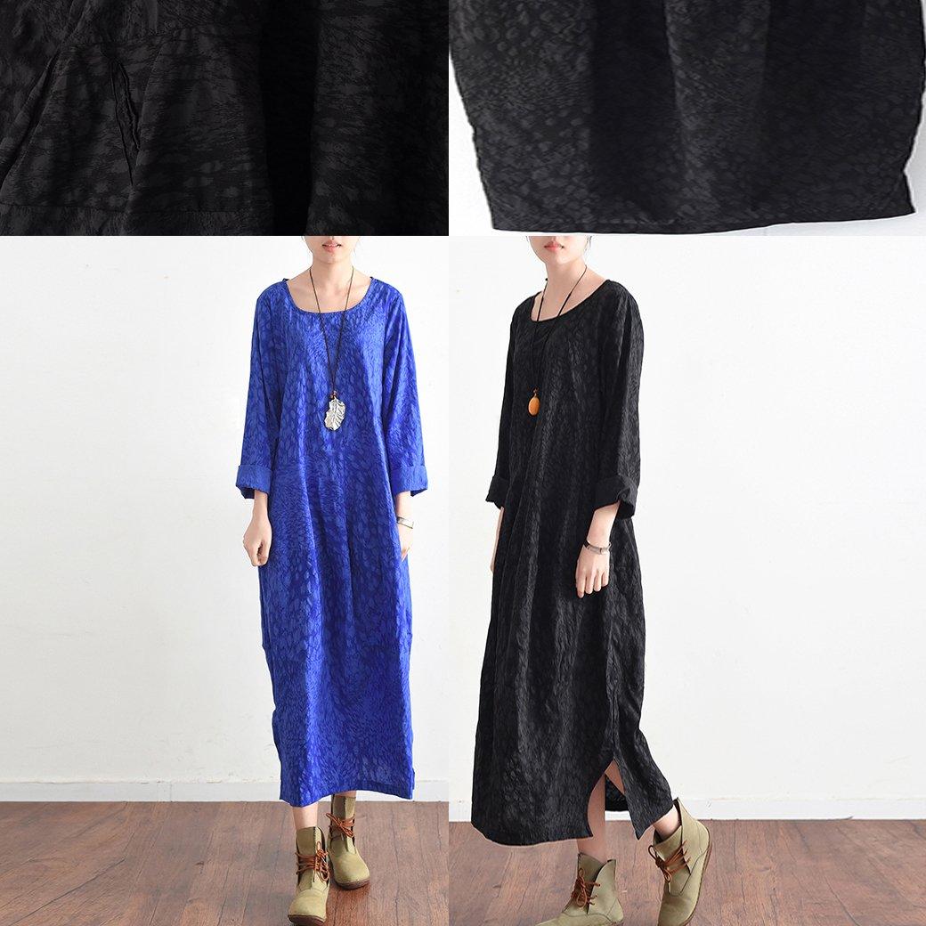 blue fall cotton dresses long caftans side open baggy design gown - Omychic