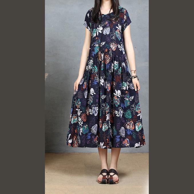 Blue Floral Casual Cotton Sundress Oversize Slim Women Dresses O Neck Maxi Dress - Omychic