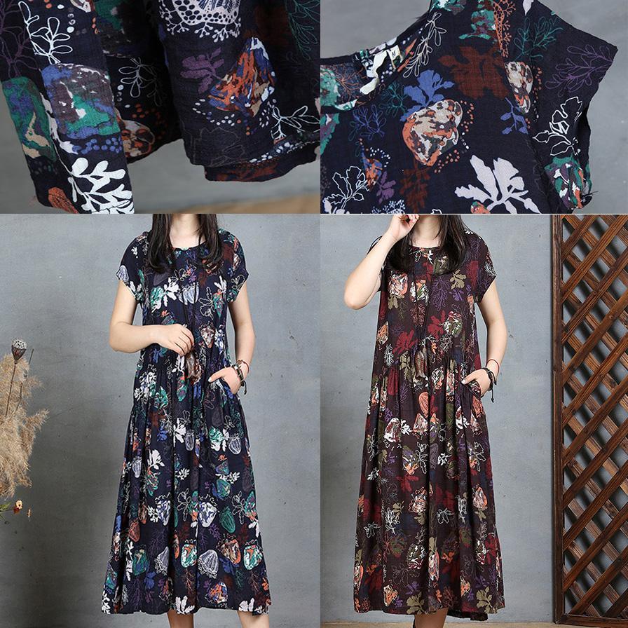 Blue Floral Casual Cotton Sundress Oversize Slim Women Dresses O Neck Maxi Dress - Omychic
