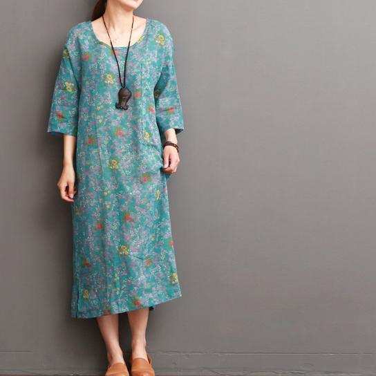 blue floral linen dresses for summer half sleeve - Omychic