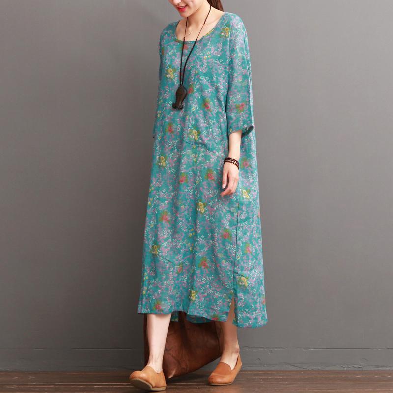 blue floral linen dresses for summer half sleeve - Omychic