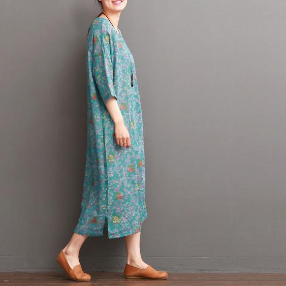 blue floral linen dresses for summer half sleeve - Omychic