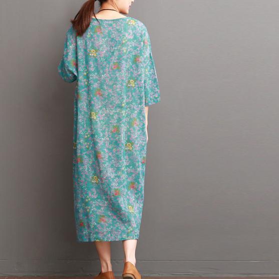 blue floral linen dresses for summer half sleeve - Omychic