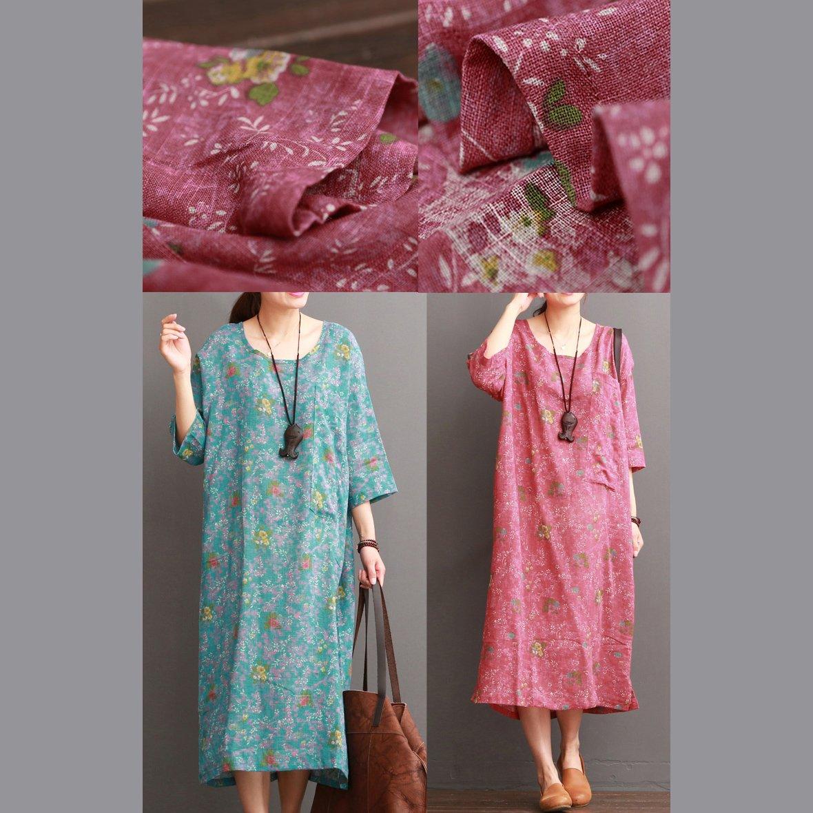 blue floral linen dresses for summer half sleeve - Omychic