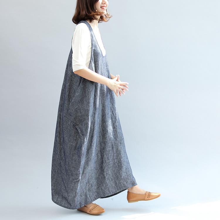 blue gray stylish cotton dresses plus size casual sleeveless maxi dress - Omychic