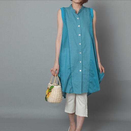blue linen sundress oversize cotton summer dresses holiday casual dress - Omychic
