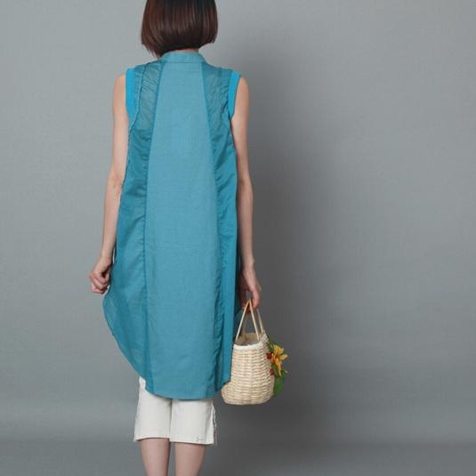 blue linen sundress oversize cotton summer dresses holiday casual dress - Omychic
