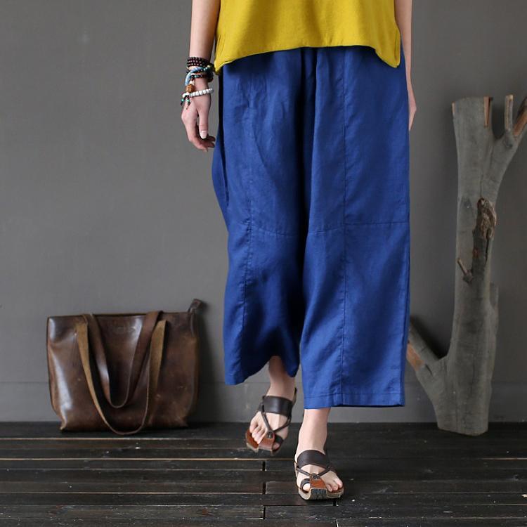 blue loose casual linen pants elastic waist traveling pants - Omychic