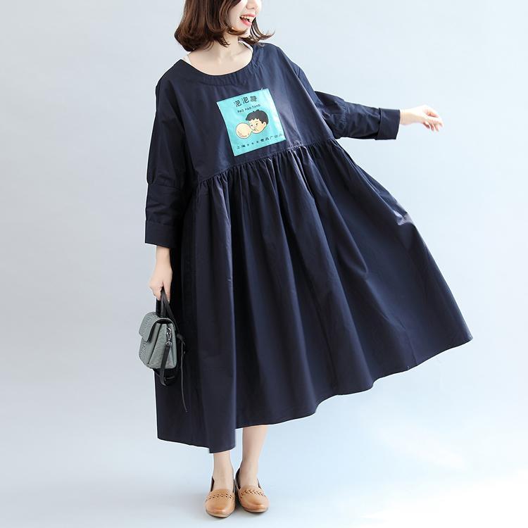 blue patchwork cartoon cotton dresses plus size casual elastic waist maxi dress - Omychic
