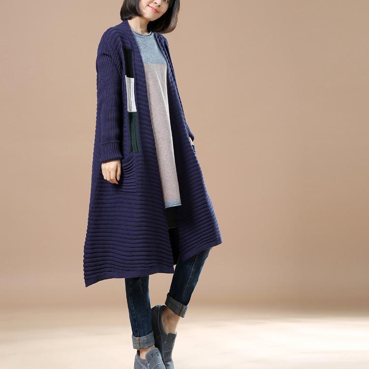 blue patchwork long sweaters coats woman outwear - Omychic
