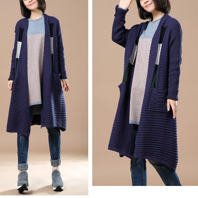 blue patchwork long sweaters coats woman outwear - Omychic