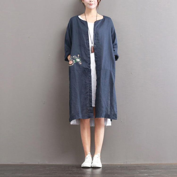 blue plus size linen long shirt summer casual cardigans short sleeve print blouse - Omychic